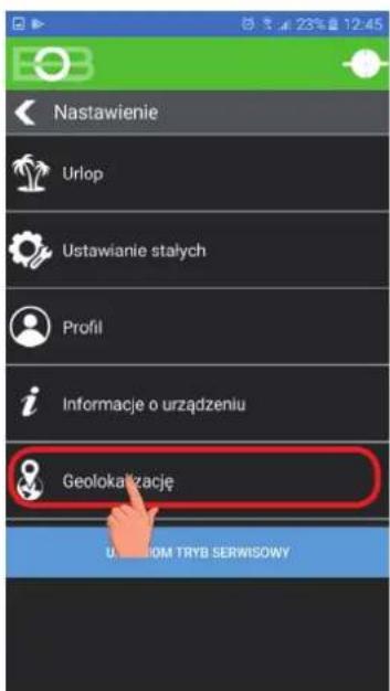 Nastawienie Urlop Ustawianie stałych Profil Informacje o urządzeniu Geolokazację U 12:00 FROM TRYB SERWISOWY