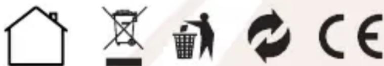 Image displaying five distinct symbols: a house, a crossed-out bin, a trash bin with a person, a recycling symbol, and a CE.