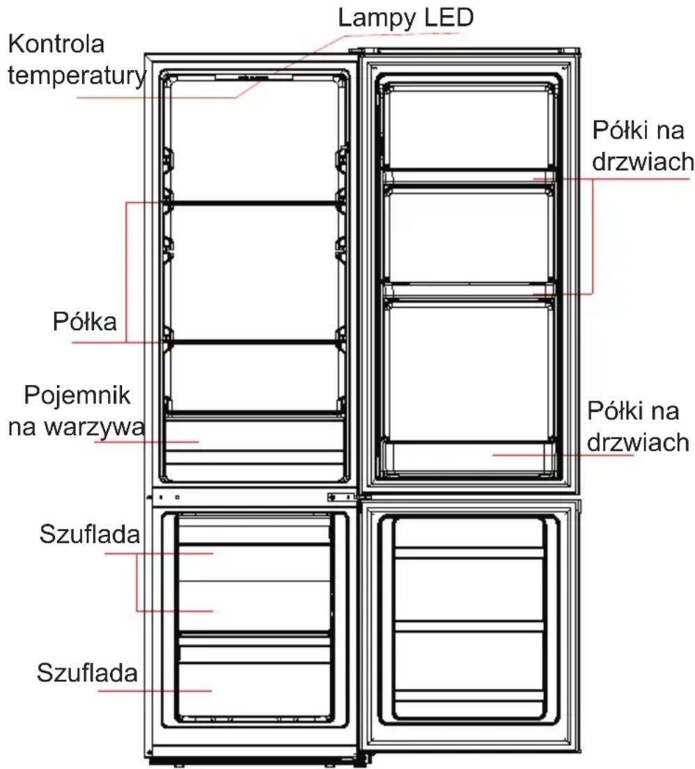 Lampy LED Kontrola temperatury Półki na drzwiach Półka Pojemnik na warzywa Półki na drzwiach Szuflada Szuflada