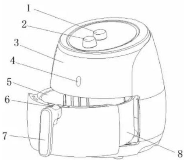 Labeled diagram of an air fryer with numbered parts for identification