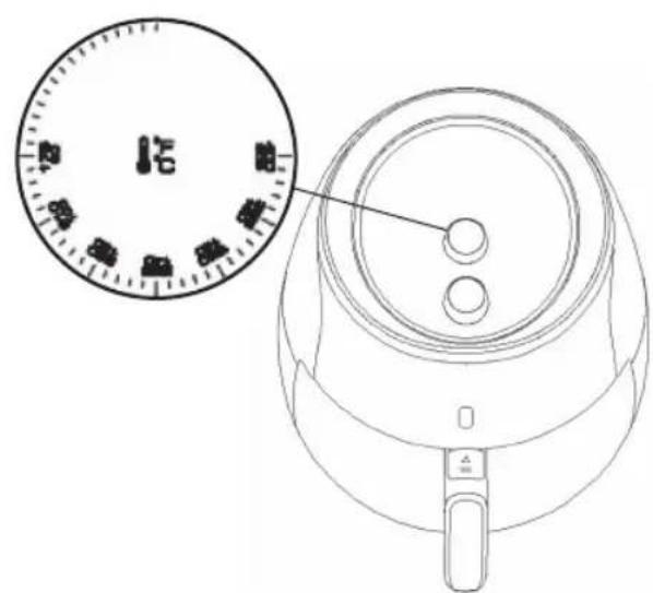 Diagram of a smart air fryer with a circular dial showing four lights and a pointer pointing to the screen.