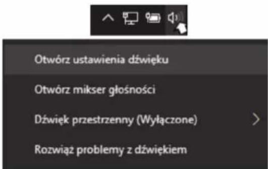 Otwórz ustawienia dźwięku Otwórz mikser głośności Dźwięk przestrzenny (Wytączone) Rozwiąz problemy z dźwiękiem