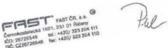 FAST Černokostelecká 1621, 251 01 Řičany IČO: 26726548 tel.: +420/ 323 204 111 DIČ: CZ26726548 fax: +420/ 323 204 110