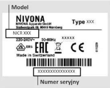 Model NIVONA NIVONA Apparate GmbH Südwerkpark 18.90410 Namberg Type XXX NICR XXX 220-240V~ 50-60Hz XXXXX ERS EAC CE Made in Switzerland XXXXXXXXXXXXXX Numer seryjny