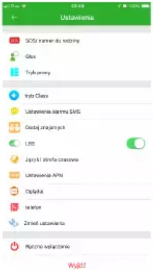 Ustawienia SMS: SWS/ rainer do rodziny. Glos Tryb povery Tryb Class Ustawienia alarmu SMS Dadaj zna jami jot LBS Jęprzyki strefa crassova Ustawienia APM Oślądki telator Znielł ustawiania Poczno wątaczania Wyjd2
