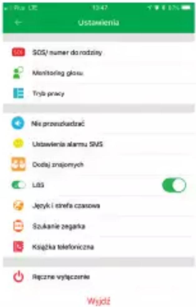 Ustawienia SOS/ numer do rodziny Monitoring głosu Tryb pracy Nie przyszka drać Ustawienia alarmu SIMS Oodaj znajomych L85 Język i strefa czasowa Szukanie zegarka Książka telefoniczna Ręczne wyłączenie Wyjdź