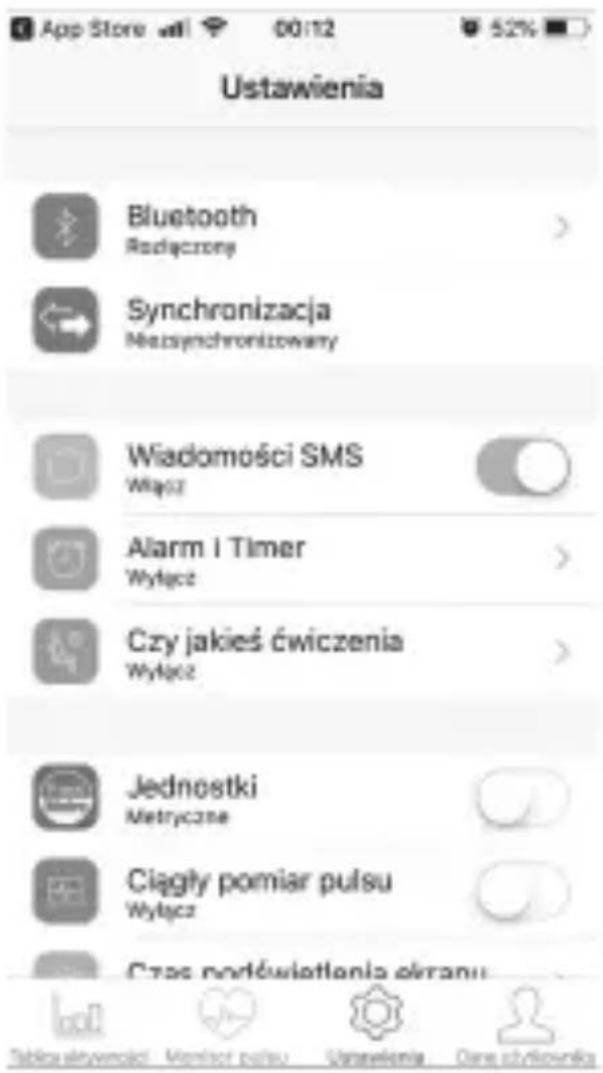 App Store 00:12 52% Ustawienia Bluetooth Rodycrone Synchronizacja Mezysynchronizowany Wiadomości SMS Wiącz Alarm i Timer Wyłącz Czy jakieś ćwiczenia Wyłącz Jednostki Metryczne Ciągły pomiar pulsu Wyłącz Czas portówietlenia okranu Tabka elatywności Monitor pulsu Ustawienia Dana stylownika