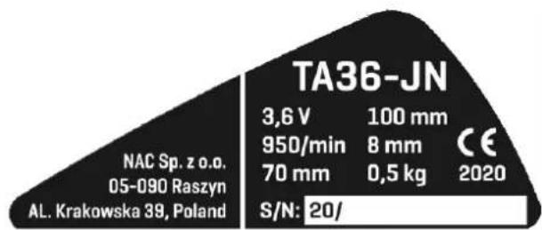 NAC TA36H-JN - Inne oznaczenia na maszynie - 1