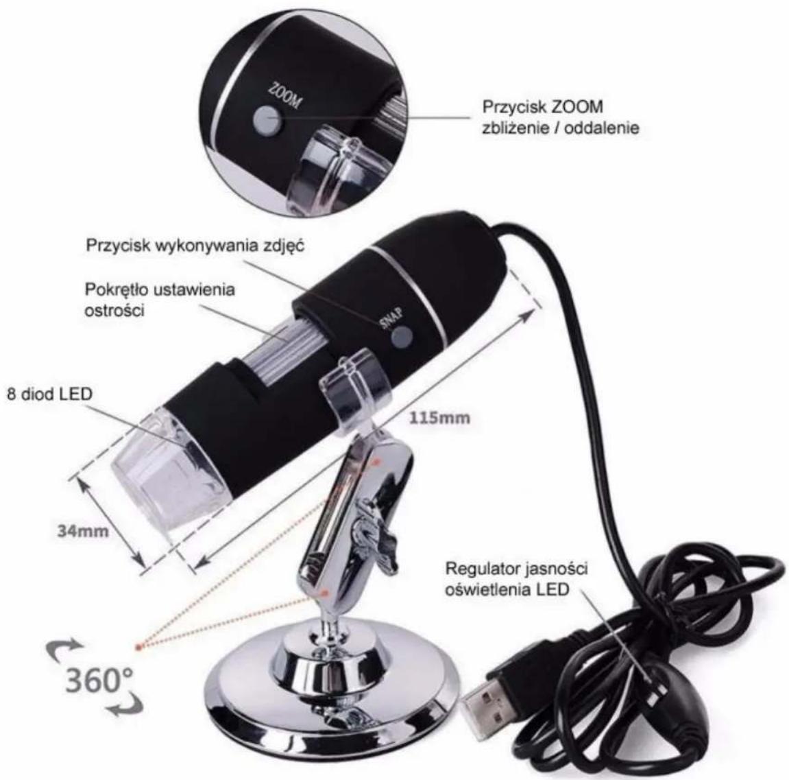 Przycisk ZOOM zbliżenie / oddalenie Przycisk wykonywania zdjęć Pokrętło ustawienia ostrości 8 diod LED 115mm 34mm 360° Regulator jasności oświetlenia LED
