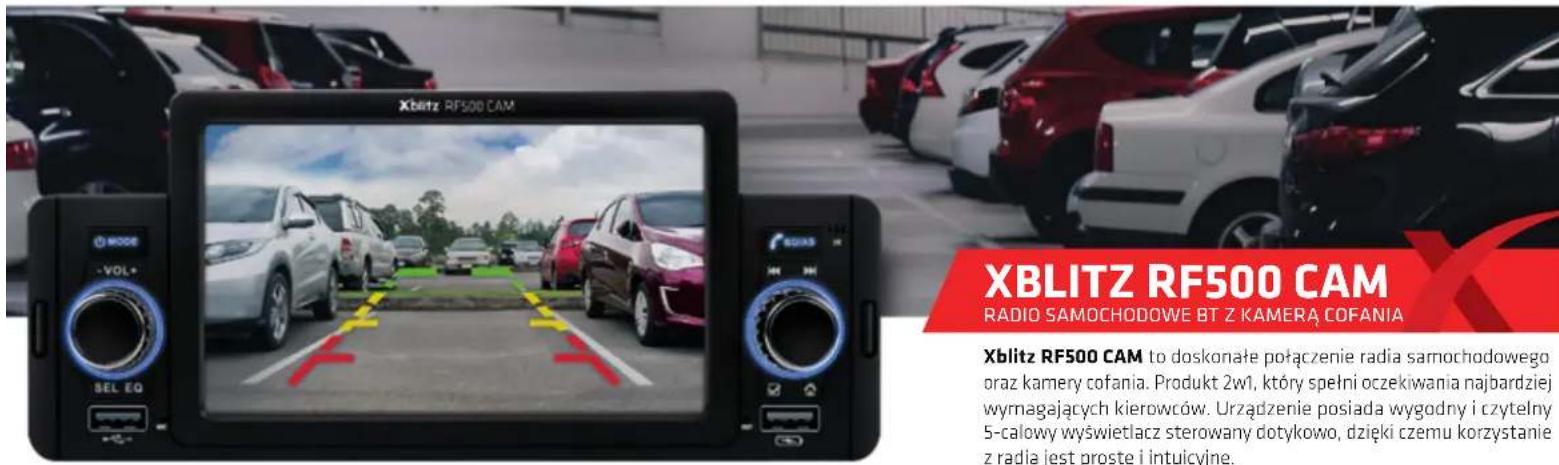 XBLITZ RF500 CAM RADIO SAMOCHODOWE BT Z KAMERĄ COFANIA Xblitz RF500 CAM to doskonałe połączenie radia samochodowego oraz kamery cofania. Produkt 2w1, który spełni oczekiwania najbardziej wyrnagających kierowców. Urządzenie posiada wygodny i czytelny 5-calowy wyświetlacz sterowany dotykowo, dzięki czemu korzystanie z radia jest proste i intuicyjne.