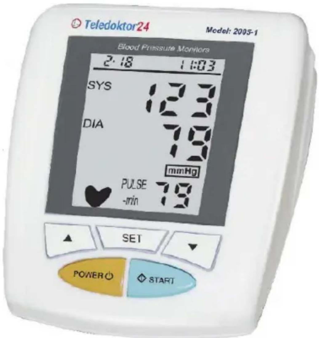 Teledoktor24 Model: 2005-1 Blood Pressure Monitors 2:18 1:03 SYS 12.3 DIA 7.6 mmHg PULSE 7.9 -min SET POWER START