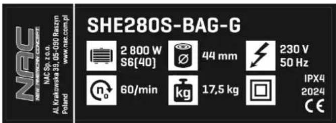 NAC SHE280S-BAG-G - Inne oznaczenia na maszynie - 1