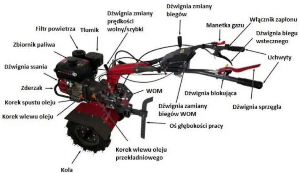 Filtr powietrza Tłumik Zbiornik paliwa Dźwignia ssania Zderzak Korek spustu oleju Korek wlewu oleju Koła Dźwignia zmiany prędkości wolny/szybki WOM Dźwignia zamiany biegów WOM Oś głębokości pracy Korek wlewu oleju przekładniowego Manetka gazu Włącznik zapłonu Dźwignia biegu wstecznego Uchwyty Dźwignia blokująca Dźwignia sprzęgła