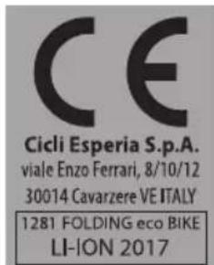 CE Cicli Esperia S.p.A. viale Enzo Ferrari, 8/10/12 30014 Cavarzere VE ITALY 1281 FOLDING eco BIKE LI-ION 2017