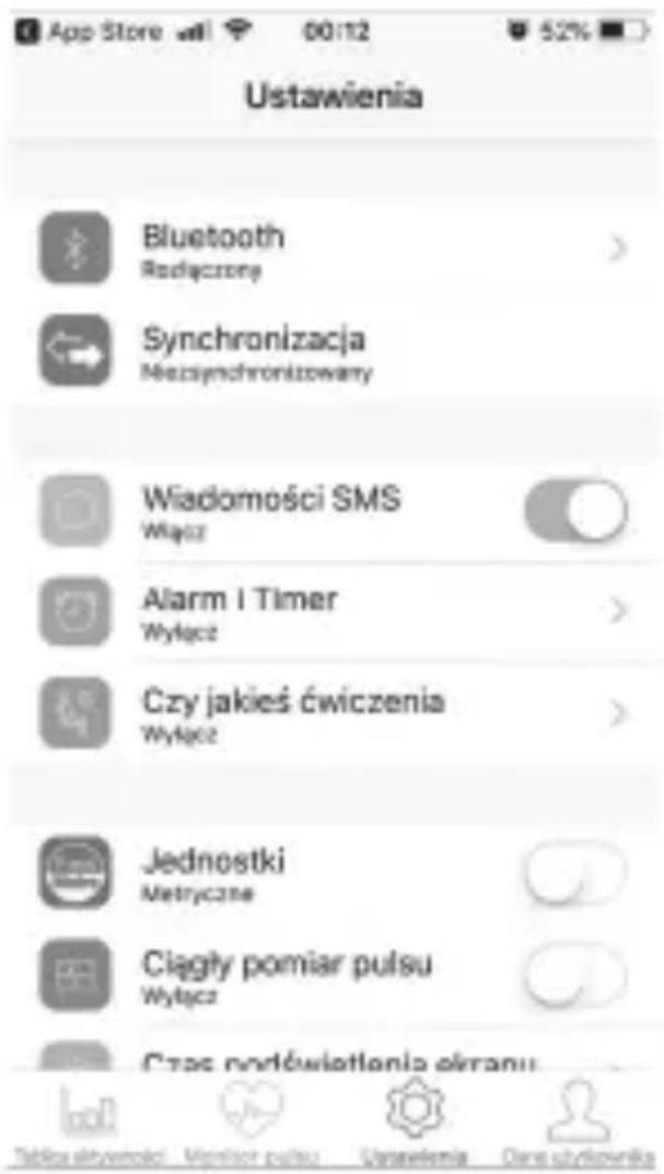 App Store 00:12 52% Ustawienia Bluetooth Rodyczone Synchronizacja Mełczynchronizowany Wiadomości SMS Wiącz Alarm i Timer Wyłącz Czy jakieś ćwiczenia Wyłącz Jednostki Metryczne Ciagły pomiar pulsu Wyłącz Czas podźwietlenia ośranu Tabka elnywrości Monitor pulsu Ustawienia Dana utydownika
