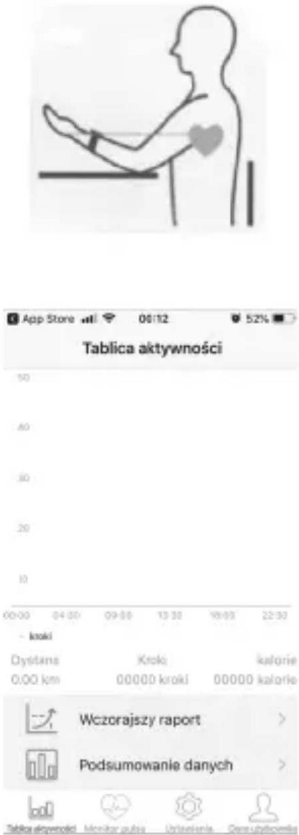 Tablica aktywności Dystans 0:00 km Krłoś 00000 krłoś kalorie kalorie 00000 kalorie Wczorajszy raport Podsumowanie danych Tablas ektywności Monitor pułaśa Udzielania Gare ubdzielania