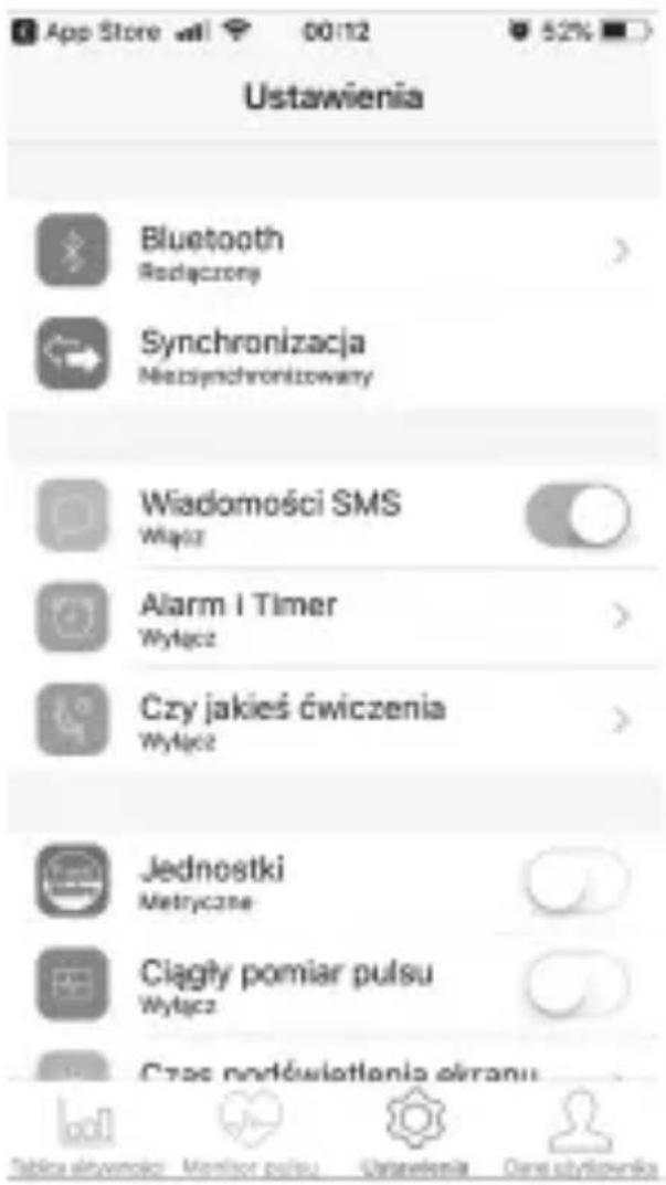 App Store 00:12 52% Ustawienia Bluetooth Rodaczone Synchronizacja Mezysynchronizowany Wiadomości SMS Wiącz Alarm i Timer Wyłącz Czy jakieś ćwiczenia Wyłącz Jednostki Metryczne Ciągły pomiar pulsu Wyłącz Czas podźwiatania ośrany Tablica elżewność Monitor pulsu Ustawienia Czele użynienia