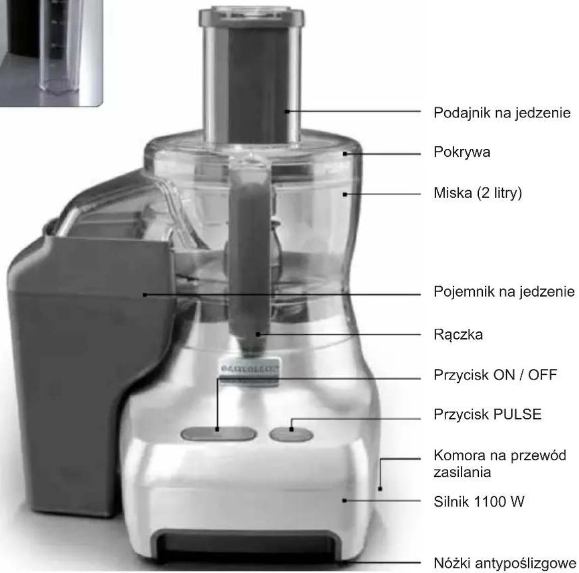 Podajnik na jedzenie Pokrywa Miska (2 litry) Pojemnik na jedzenie Rączka Przycisk ON / OFF Przycisk PULSE Komora na przewód zasilania Silnik 1100 W Nóżki antypoślizgowe