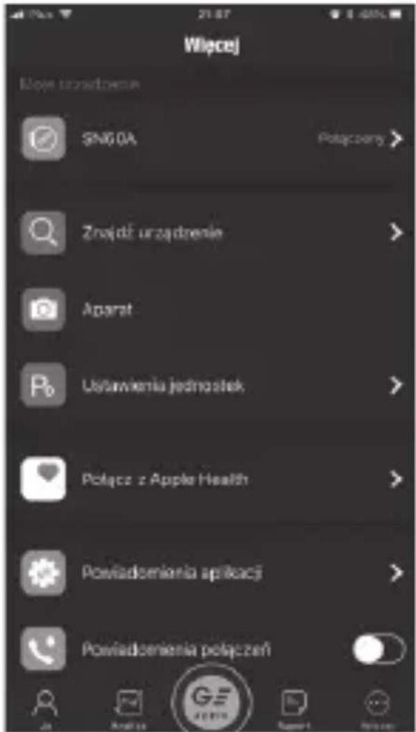 Wliczej Mowe ustawdzenie SNG0A Potączny > Znajdzie urządzenie > Aparat P0 Ustawienia jednostek > Potącz z Apple Health > Powiadeszenia aplikacji > Powiadeszenia połączeń