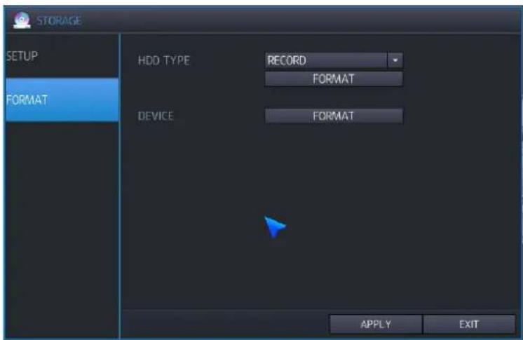 STORAGE SETUP FORMAT HDD TYPE RECORD FORMAT DEVICE FORMAT APPLY EXIT