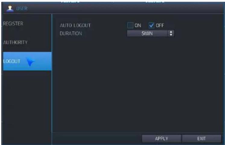 USER REGISTER AUTHORITY LOGOUT AUTO LOGOUT DURATION ON OFF 5MIN APPLY EXIT