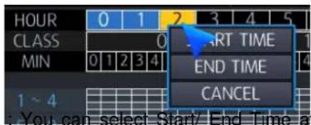 HOUR 0 1 2 3 4 5 CLASS 0 MIN 0 1 2 3 4 START TIME END TIME CANCEL 1 ~ 4 You can select Start/End Time a