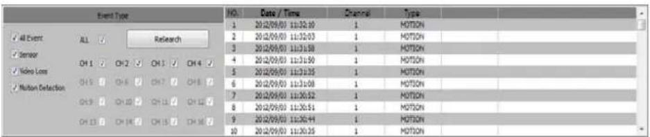 Event Type All Event Search Sensor Video Loss Motion Detection OH 1 OH 2 OH 3 OH 4 OH 5 OH 6 OH 7 OH 8 OH 9 OH 10 OH 11 OH 12 OH 13 OH 14 OH 15 OH 16 Date / Time Channel Type 1 20/2/09/03 11:32:10 1 MOTION 2 20/2/09/03 11:32:03 1 MOTION 3 20/2/09/03 11:31:58 1 MOTION 4 20/2/09/03 11:31:50 1 MOTION 5 20/2/09/03 11:31:35 1 MOTION 6 20/2/09/03 11:31:08 1 MOTION 7 20/2/09/03 11:30:52 1 MOTION 8 20/2/09/03 11:30:51 1 MOTION 9 20/2/09/03 11:30:44 1 MOTION 10 20/2/09/03 11:30:35 1 MOTION