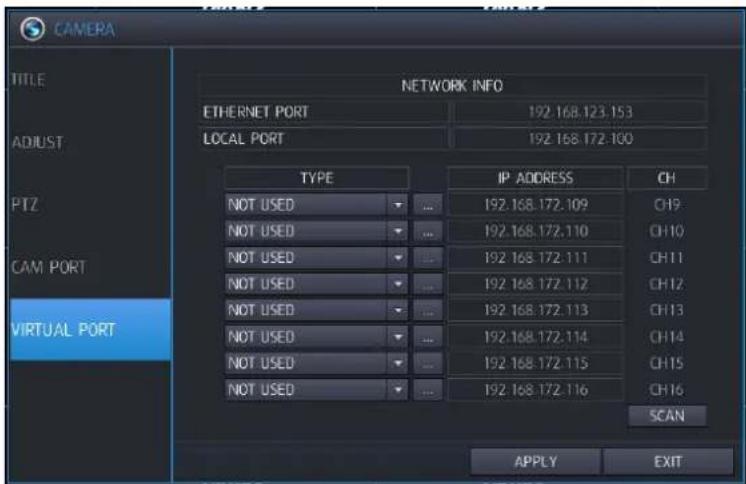 CAMERA TITLE ADJUST PTZ CAM PORT VIRTUAL PORT NETWORK INFO ETHERNET PORT 192.168.123.153 LOCAL PORT 192.168.172.100 TYPE IP ADDRESS CH NOT USED ... 192.168.172.109 CH9 NOT USED ... 192.168.172.110 CH10 NOT USED ... 192.168.172.111 CH11 NOT USED ... 192.168.172.112 CH12 NOT USED ... 192.168.172.113 CH13 NOT USED ... 192.168.172.114 CH14 NOT USED ... 192.168.172.115 CH15 NOT USED ... 192.168.172.116 CH16 SCAN APPLY EXIT