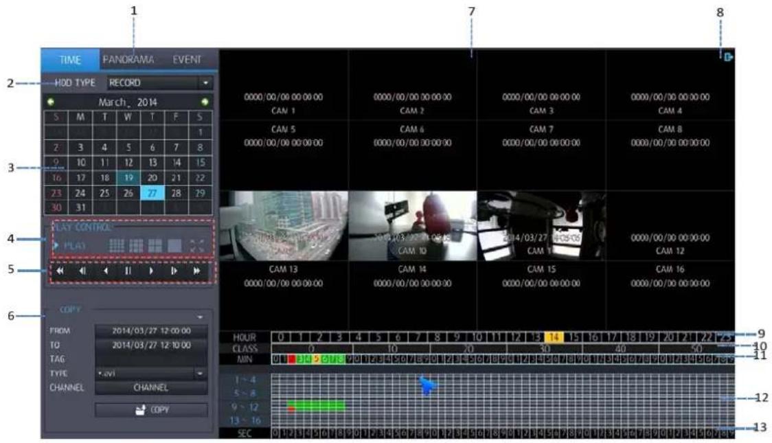 TIME PANORAMA EVENT HDD TYPE RECORD March, 2014 S M T W T F S 1 2 3 4 5 6 7 8 9 10 11 12 13 14 15 16 17 18 19 20 21 22 23 24 25 26 27 28 29 30 31 PLAY CONTROL PLAY CAM 1 CAM 2 CAM 3 CAM 4 CAM 5 CAM 6 CAM 7 CAM 8 0000/00/00 00:00:00 0000/00/00 00:00:00 0000/00/00 00:00:00 0000/00/00 00:00:00 CAM 13 CAM 14 CAM 15 CAM 16 0000/00/00 00:00:00 CLOPY FROM 2014/03/27 12:00:00 TO 2014/03/27 12:10:00 TAG TYPE CHANNEL CHANNEL COPY HOUR CLASS MIN HOUR CLASS MIN 1~4 5~8 9~12 13~16 SEC HOUR CLASS MIN 1~4 5~8 9~12 13~16 SEC HOUR CLASS MIN 1~4 5~8 9~12 13~16