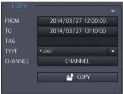 COPY FROM 2014/03/27 12:00:00 TO 2014/03/27 12:10:00 TAG TYPE *.avi CHANNEL CHANNEL COPY