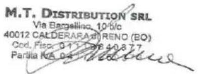 M.T. DISTRIBUTION SRL Via Bargellino, 10/b/c 40012 CALDERARAD) RENO (BO) Cod. Fiso: 0-17 386 40877 Partia M/A 0-4 1250