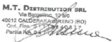 M.T. DISTRIBUTION SRL Via Bargelinc, 10/Mc 40012 CALDERARADIRENO (BO) Cod. Fico: 0-73-286 40.8.7.7 Parla IVA 0-4 1/19/2016
