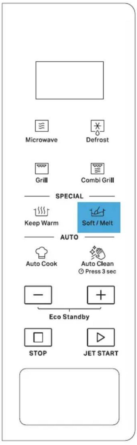 Microwave Defrost Grill Combi Grill SPECIAL Keep Warm Soft / Melt AUTO Auto Cook Auto Clean Press 3 sec Eco Standby STOP JET START