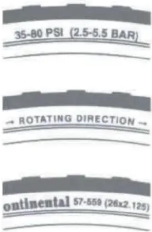 35-80 PSI (2.5-5.5 BAR) → ROTATING DIRECTION → continental 57-559 (26x2.125)