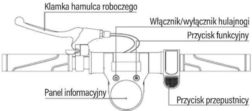 Klamka hamulca roboczego Włącznik/wyłącznik hulajnogi Przycisk funkcyjny Panel informacyjny Przycisk przepustnicy