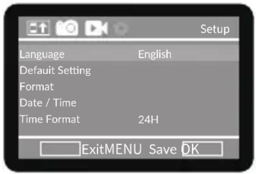 Language English Default Setting Format Date / Time Time Format 24H ExitMENU Save OK