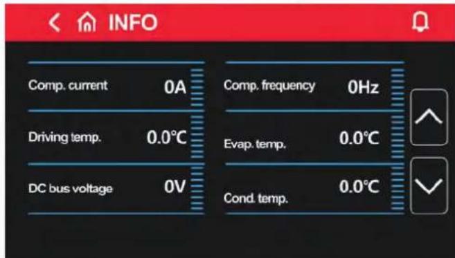 INF Comp. current 0A Driving temp. 0.0°C DC bus voltage 0V Comp. frequency 0Hz Evap. temp. 0.0°C Cond. temp. 0.0°C