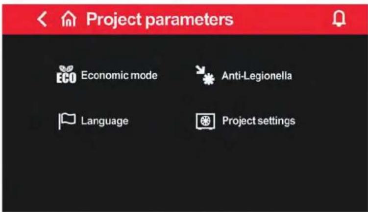 Project parameters ECO Economic mode Anti-Legionella Language Project settings