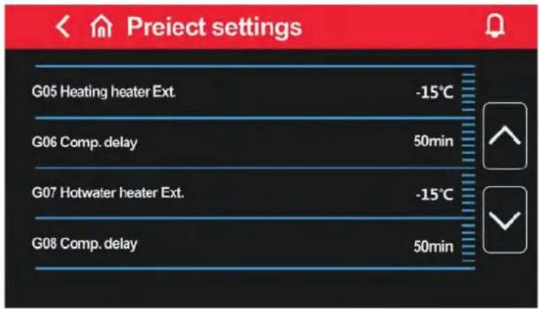 Preiect settings G05 Heating heater Ext. -15°C G06 Comp. delay 50min G07 Hotwater heater Ext. -15°C G08 Comp. delay 50min