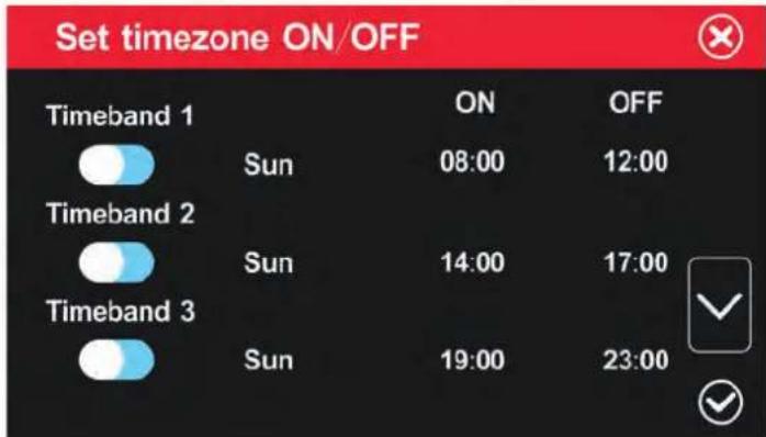 Set timezone ON/OFF Timeband 1 ON OFF Sun 08:00 12:00 Timeband 2 Sun 14:00 17:00 Timeband 3 Sun 19:00 23:00