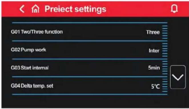 Preiect settings G01 Two/Three function Three G02 Pump work Inter G03 Start internal 5min G04 Delta temp. set 5°C