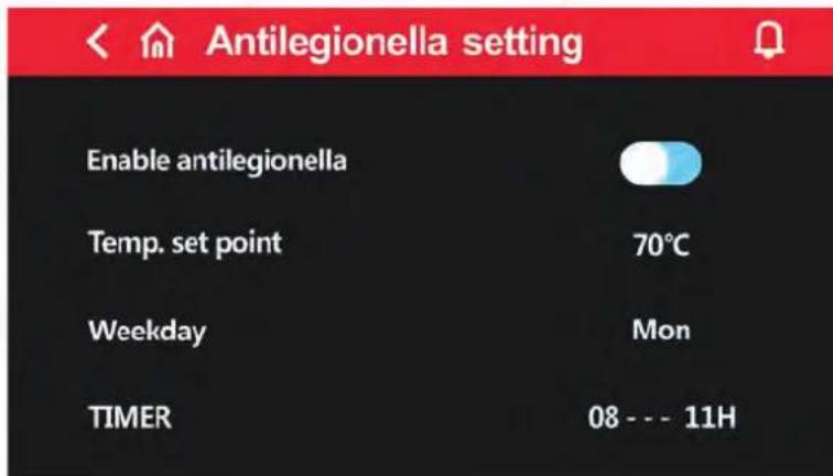 Antilegionella setting Enable antilegionella Temp. set point 70°C Weekday Mon TIMER 08 - - - 11H