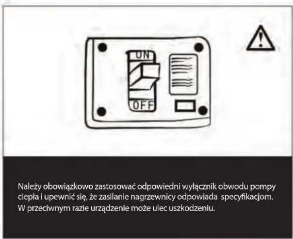 Należy obowiązkowo zastosować odpowiedni wyłącznik obwodu pompy ciepła i upewnić się, że zasilanie nagrzewnicy odpowiada specyfikacjom. W przeciwnym razie urządzenie może ulec uszkodzeniu.