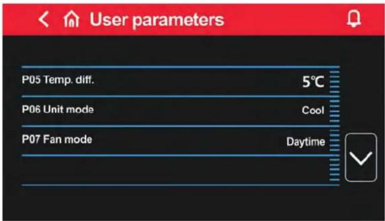User parameters P05 Temp. diff. 5°C P06 Unit mode Cool P07 Fan mode Daytime