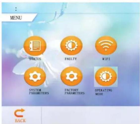 MENU STATUS FAULTY WIFI SYSTEM PARAMETERS FACTORY PARAMETERS OPERATING MODE BACK