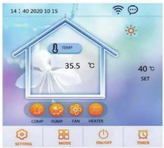 14 : 40 2020 10 15 TEMP 35.5 °C 40 °C SET COMP PUMP FAN HEATER SETTING MODE ON/OFF TIMER
