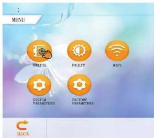 MENU STATUS FAULTY WIFI SYSTEM PARAMETERS FACTORY PARAMETERS BACK