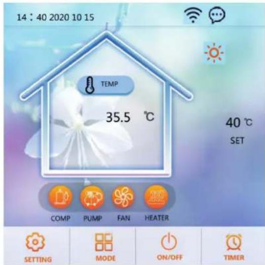 14 : 40 2020 10 15 TEMP 35.5 °C 40 °C SET COMP PUMP FAN HEATER SETTING MODE ON/OFF TIMER
