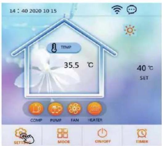 14 : 40 2020 10 15 TEMP 35.5 °C 40 °C SET COMP PUMP FAN HEATER SETTING MODE ON/OFF TIMER