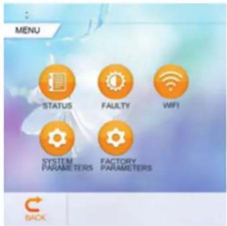 MENU STATUS FAULTY WIFI SYSTEM PARAMETERS FACTORY PARAMETERS C BACK